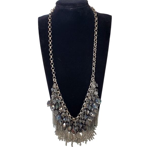Vintage Faceted Matte and Shiny Labradorite Beads Bib Necklace with Fringe 16" - Picture 1 of 6